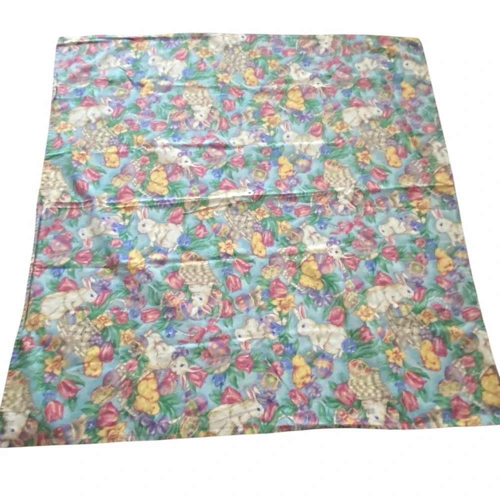 Vintage Easter Tablecloth Bunny Chick Floral Egg Print Blue Pastel‎ Spring Decor